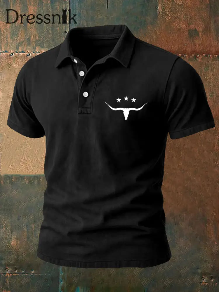 Herren Retro Western Bull Skull Print Casual Top Schwarz / S