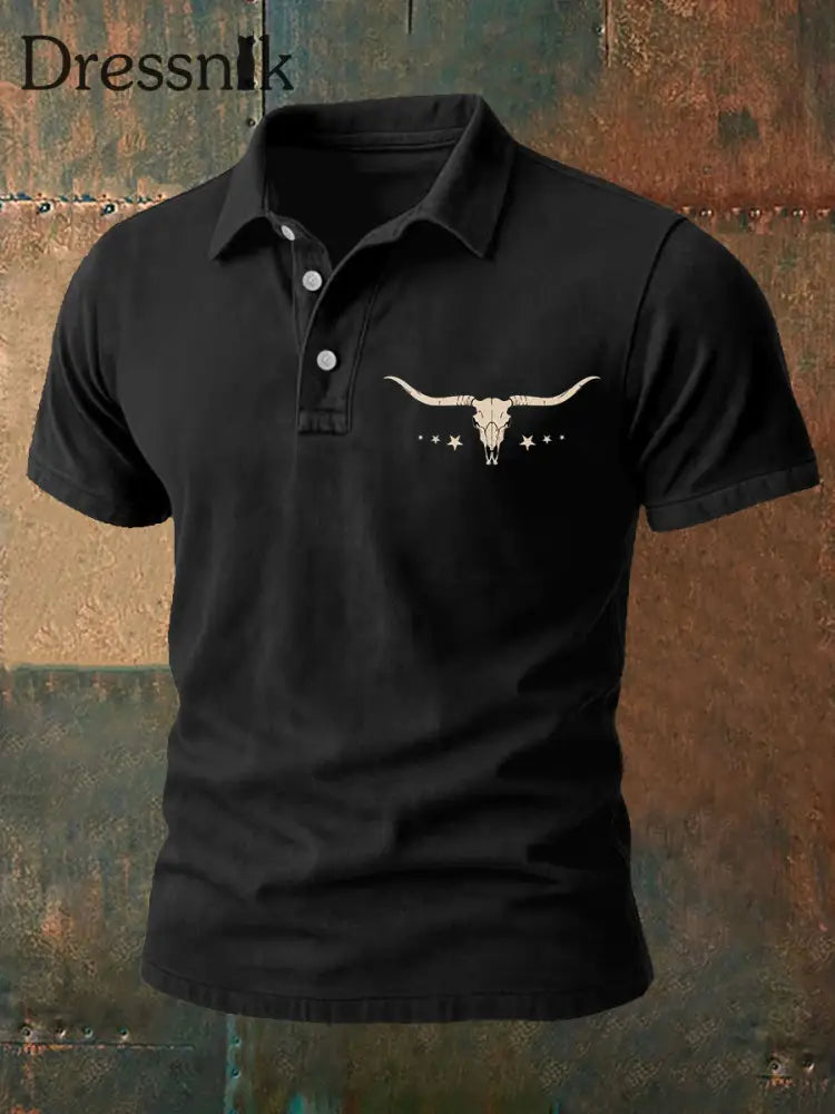 Herren Retro Western Bull Skull Print Casual Top Schwarz / S