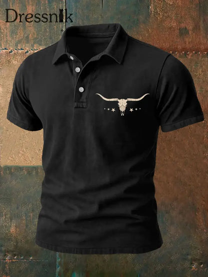 Herren Retro Western Bull Skull Print Casual Top Schwarz / S