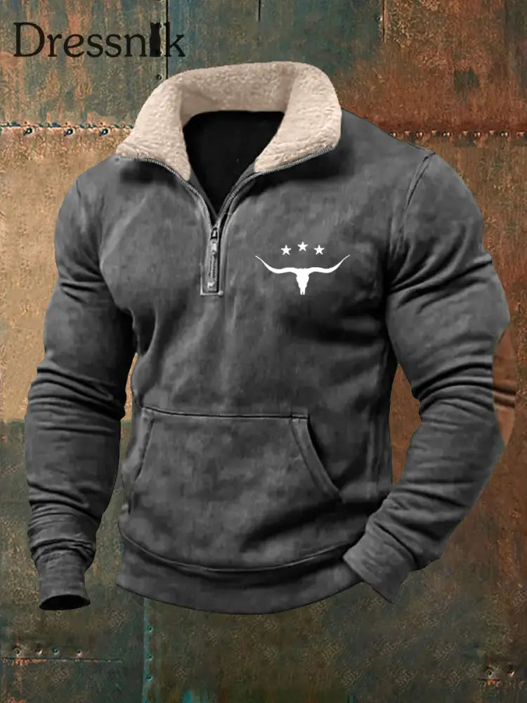 Herren Retro Western Bull Skull Print Pelz kragen lässig Reiß verschluss Sweatshirt Grau / S