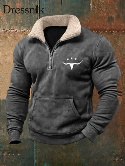 Herren Retro Western Bull Skull Print Pelz kragen lässig Reiß verschluss Sweatshirt Grau / S
