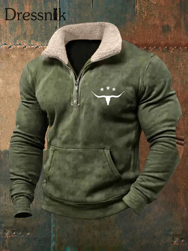 Herren Retro Western Bull Skull Print Pelz kragen lässig Reiß verschluss Sweatshirt Grün / S