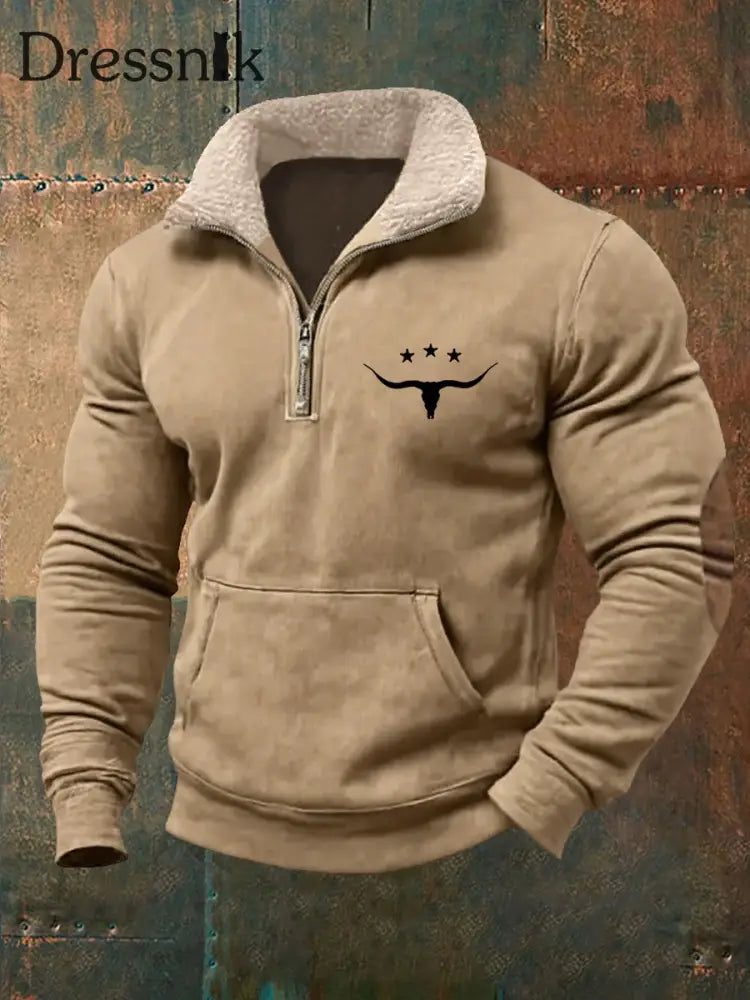 Herren Retro Western Bull Skull Print Pelz kragen lässig Reiß verschluss Sweatshirt Khaki / S