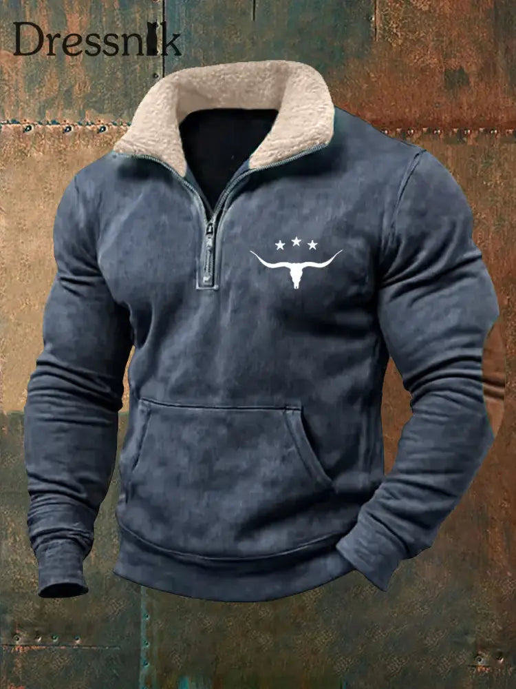 Herren Retro Western Bull Skull Print Pelz kragen lässig Reiß verschluss Sweatshirt Marineblau / S