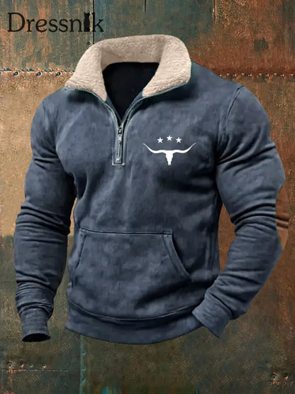 Herren Retro Western Bull Skull Print Pelz kragen lässig Reiß verschluss Sweatshirt Marineblau / S