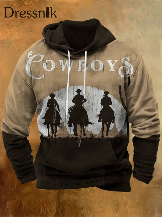 Herren Retro Western Cowboy Silhouette Print Lässig Lose Outdoor-Kordel Zug Hoodie A / S