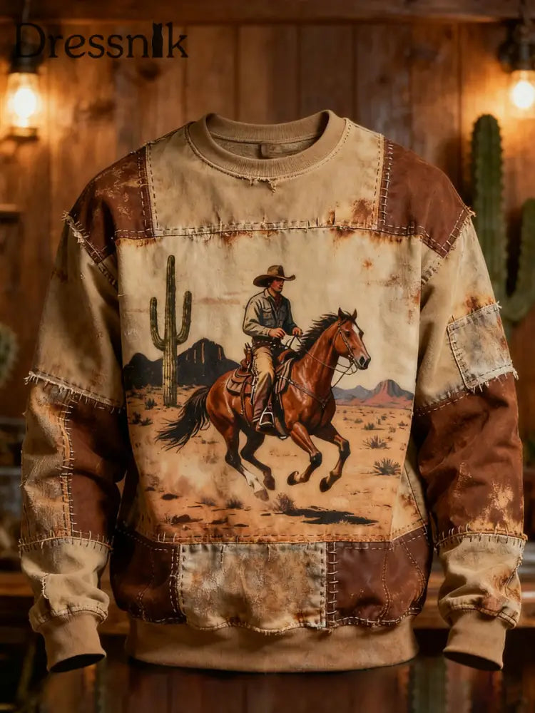 Herren Retro Western Cowboy und Pferd Print Casual Sweatshirt Khaki / S