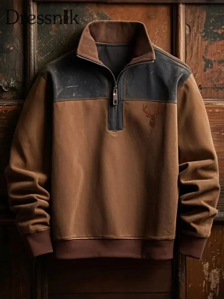 Herren Retro Western Deer Geweih Print Casual Reiß verschluss Sweatshirt Braun / S