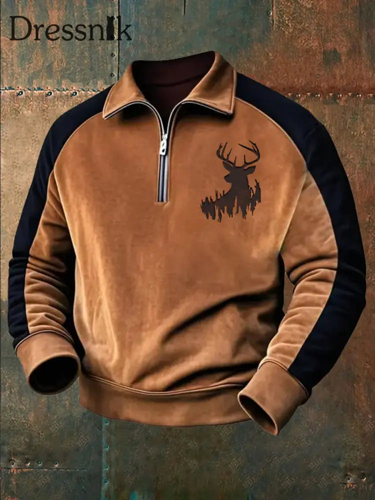 Herren Retro Western Deer Geweih Print Casual Reiß verschluss Sweatshirt Braun / S