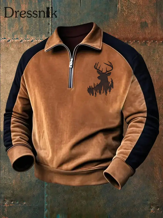 Herren Retro Western Deer Geweih Print Casual Reiß verschluss Sweatshirt Braun / S