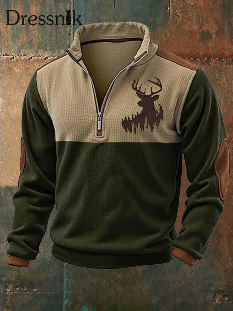 Herren Retro Western Deer Geweih Print Casual Waffel Reiß verschluss Sweatshirt Dunkelgrün / S