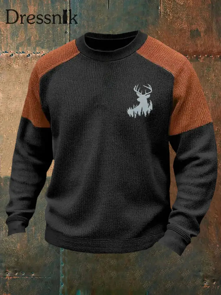 Herren Retro Western Deer Geweih Print Casual Waffel Sweatshirt Schwarz / S