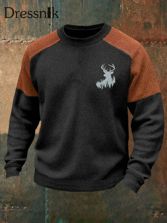 Herren Retro Western Deer Geweih Print Casual Waffel Sweatshirt Schwarz / S