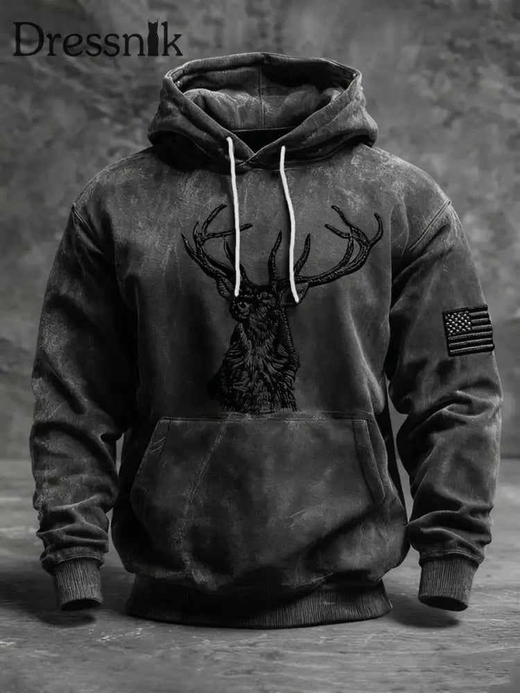 Herren Retro Western Deer Geweih Print Hoodie Dunkelgrau / S