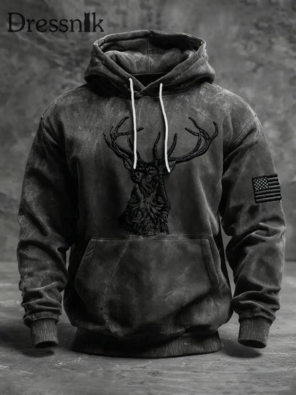 Herren Retro Western Deer Geweih Print Hoodie Dunkelgrau / S