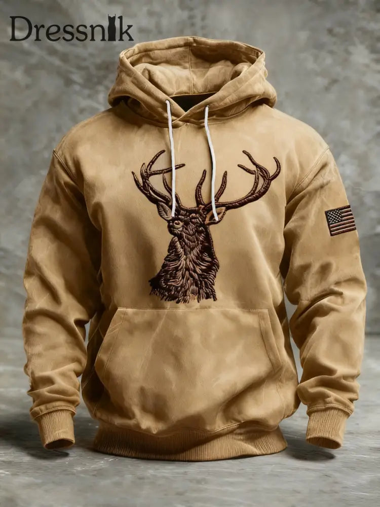 Herren Retro Western Deer Geweih Print Hoodie Khaki / S