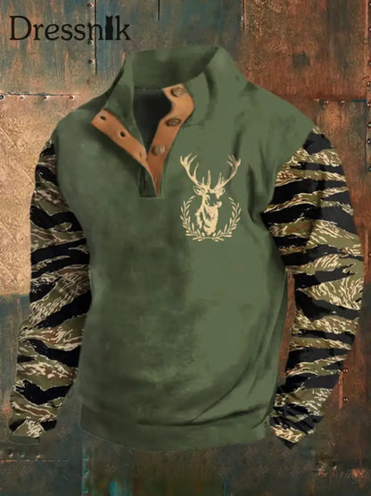 Herren Retro Western Deer Head Leopard Print Casual Button Sweatshirt Grün / S