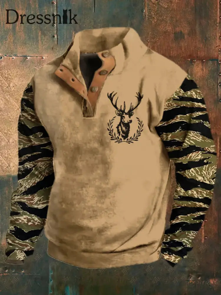 Herren Retro Western Deer Head Leopard Print Casual Button Sweatshirt Khaki / S