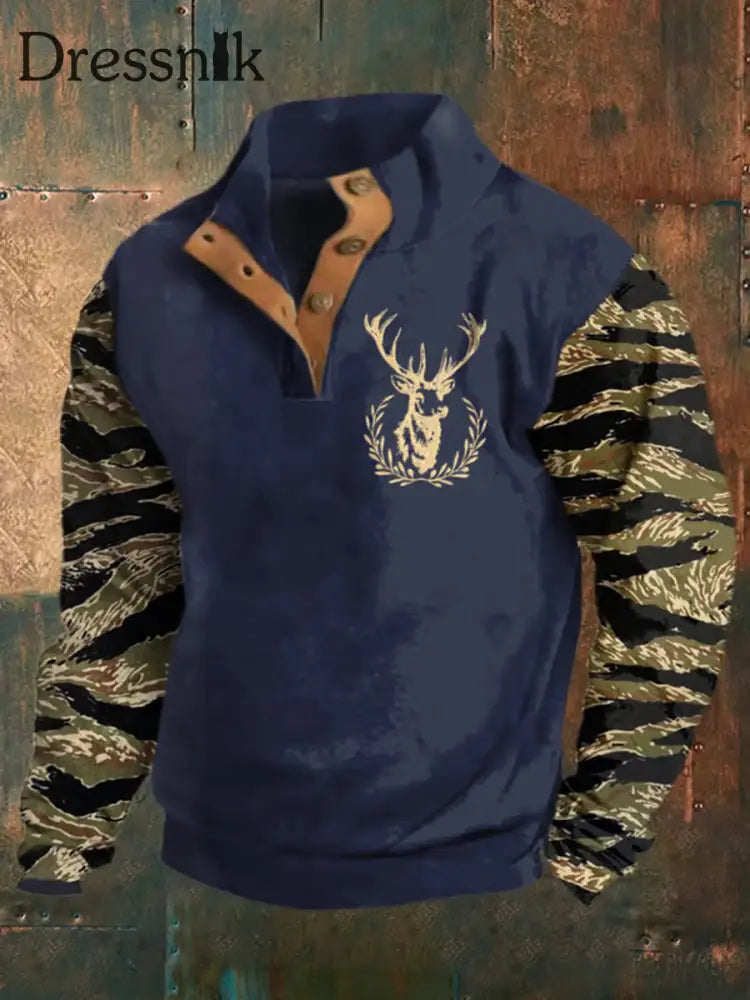 Herren Retro Western Deer Head Leopard Print Casual Button Sweatshirt Marineblau / S
