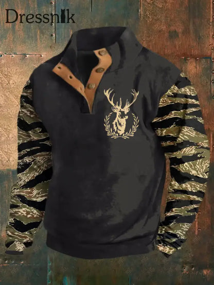 Herren Retro Western Deer Head Leopard Print Casual Button Sweatshirt Schwarz / S