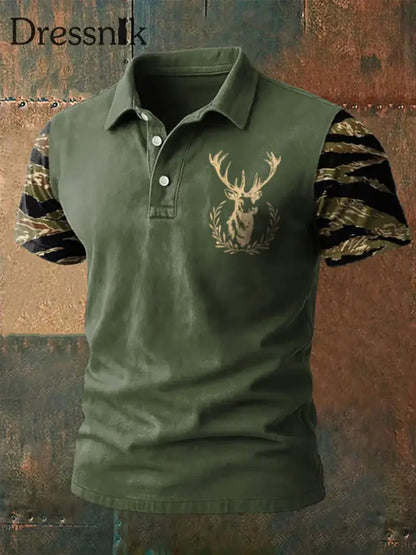 Herren Retro Western Deer Head Leopard Print Casual Top Grün / S