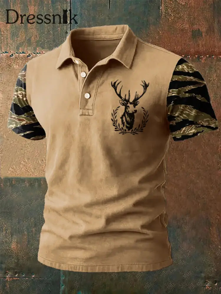 Herren Retro Western Deer Head Leopard Print Casual Top Khaki / S