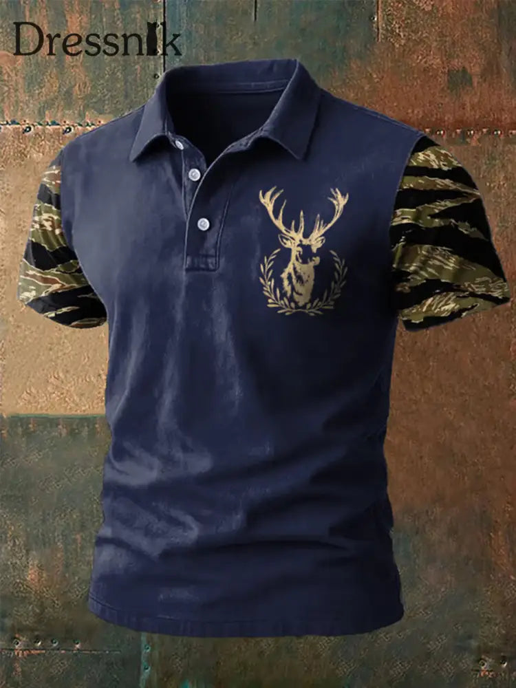 Herren Retro Western Deer Head Leopard Print Casual Top Marineblau / S