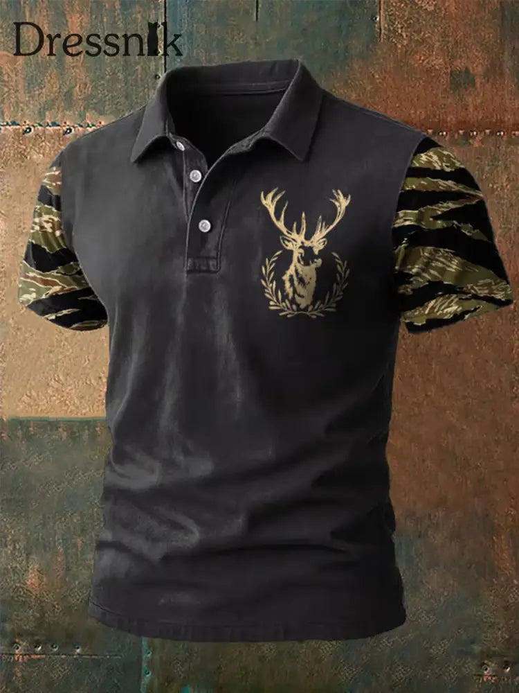 Herren Retro Western Deer Head Leopard Print Casual Top Schwarz / S