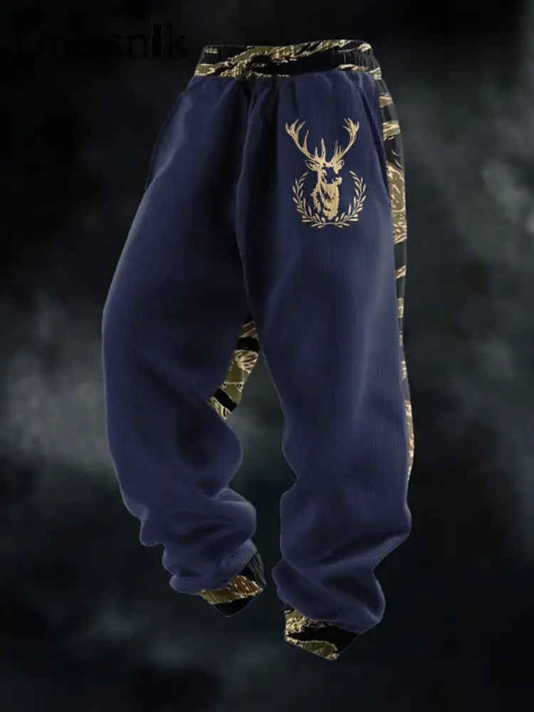 Herren Retro Western Deer Head Leopard Print Freizeit hosen Marineblau / S
