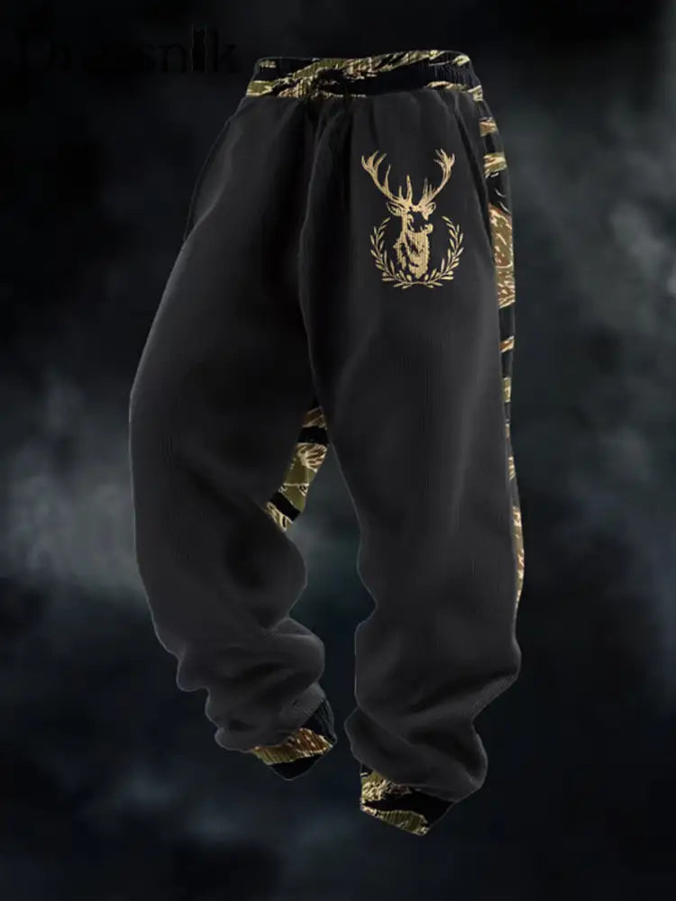 Herren Retro Western Deer Head Leopard Print Freizeit hosen Schwarz / S