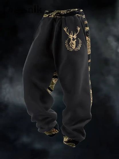 Herren Retro Western Deer Head Leopard Print Freizeit hosen Schwarz / S