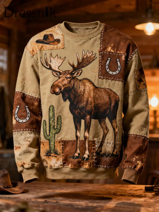 Herren Retro Western Elch Patchwork Print Casual Sweatshirt Khaki / S