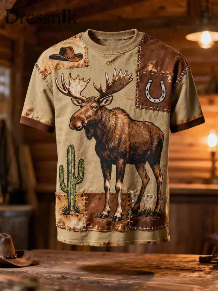 Herren Retro Western Elch Patchwork Print Casual T-Shirt Khaki / S