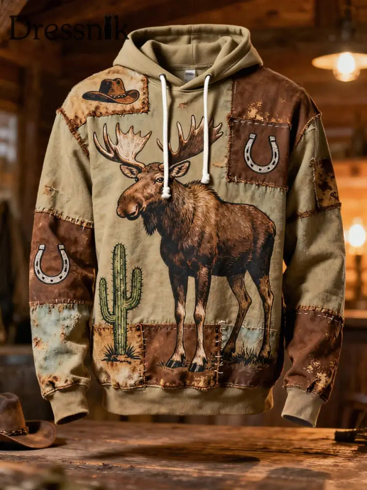 Herren Retro Western Elch Print Casual Hoodie Khaki / S