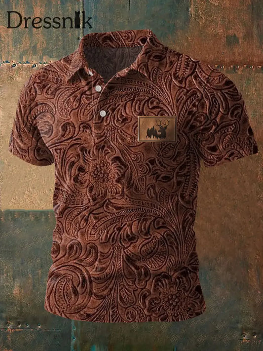 Herren Retro Western Geweih Print Casual Top Rot Braun / S