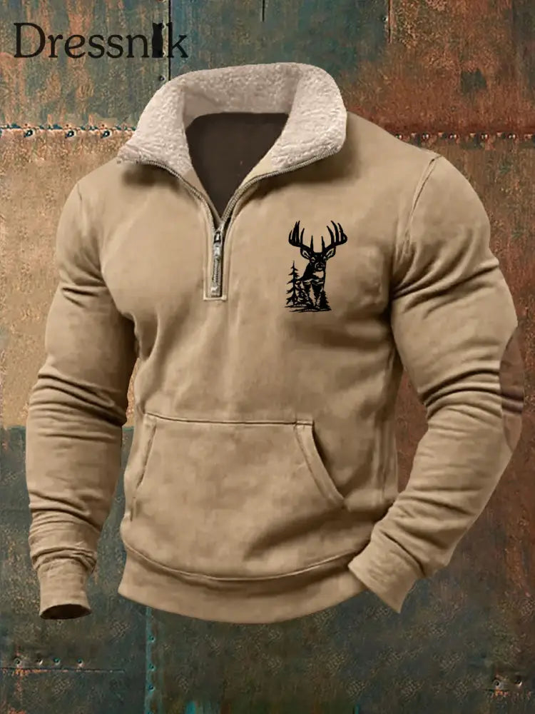 Herren Retro Western Hirsch geweih Print Pelz kragen lässig Reiß verschluss Sweatshirt Khaki / S