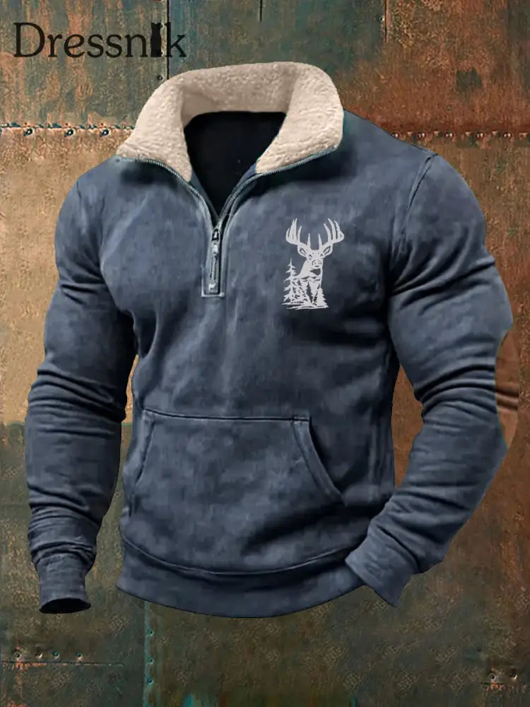Herren Retro Western Hirsch geweih Print Pelz kragen lässig Reiß verschluss Sweatshirt Marineblau / S