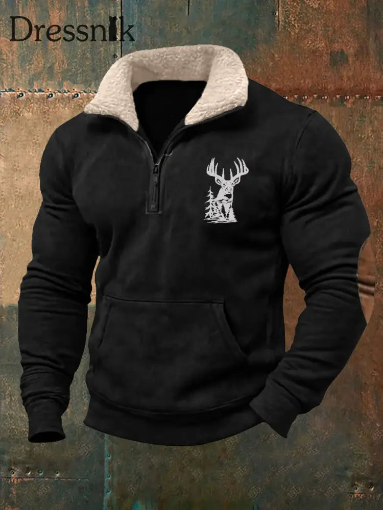Herren Retro Western Hirsch geweih Print Pelz kragen lässig Reiß verschluss Sweatshirt Schwarz / S