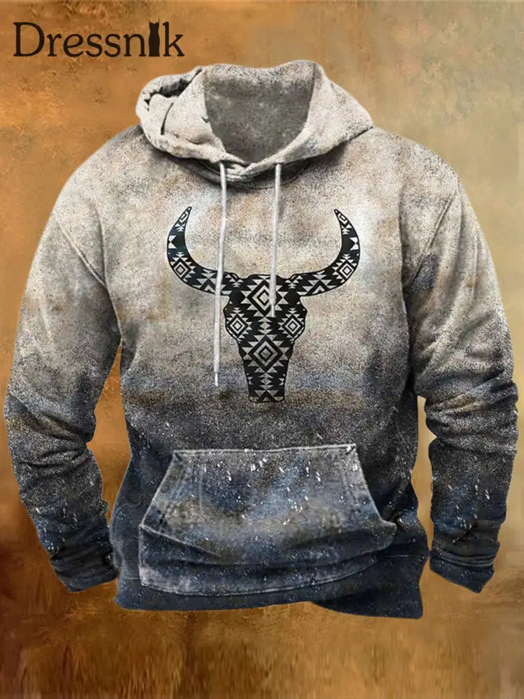 Herren Retro Western Kuh Kopf Druck Lässig Lose Outdoor Kordel Zug Hoodie A / S