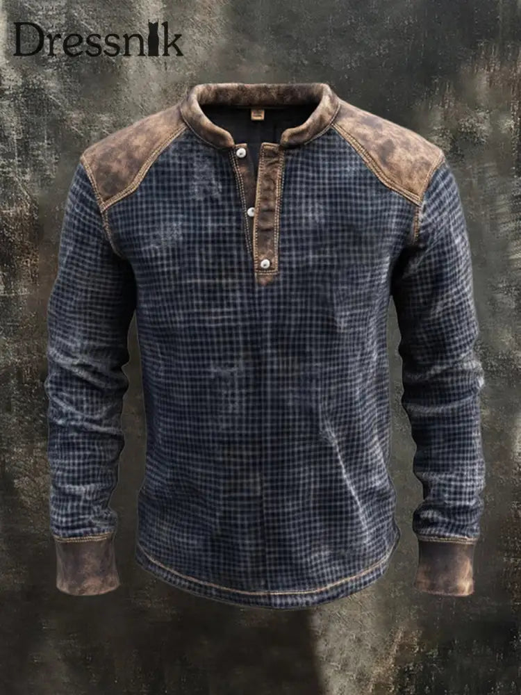 Herren Retro Western Lässiges Langarm Henley Hemd Marineblau / S