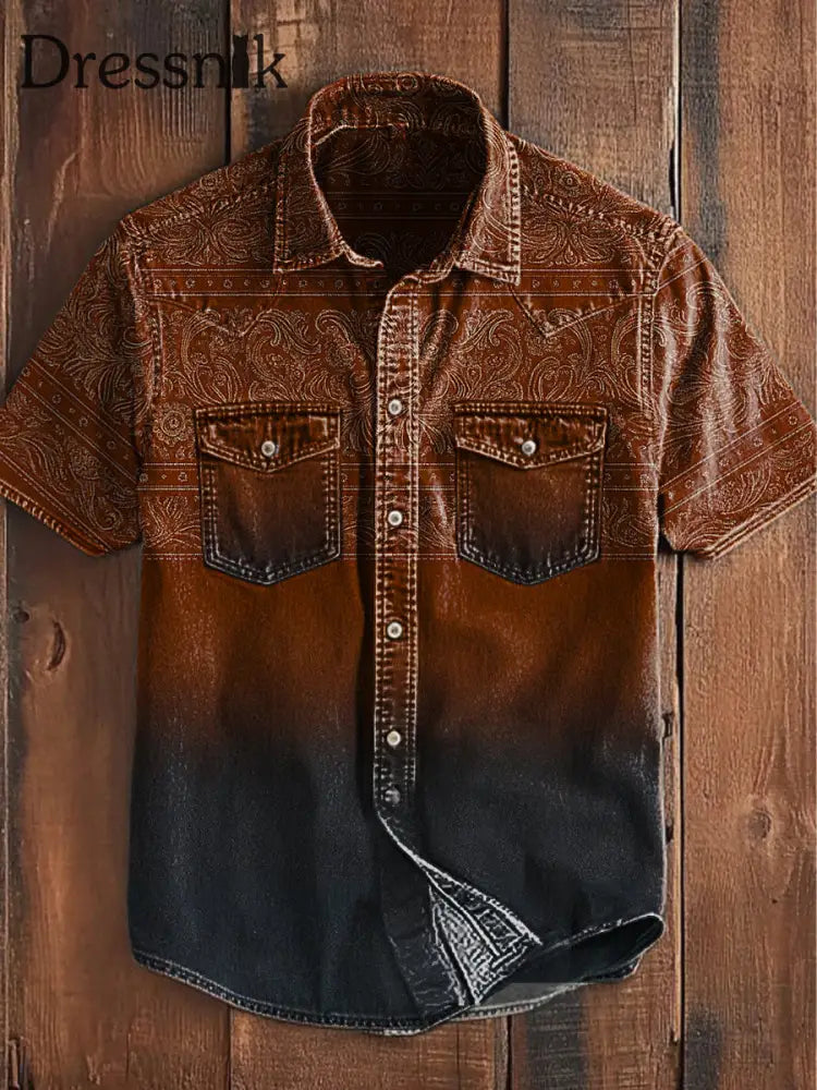 Herren Retro Western Print Lässiges Kurzarm Shirt Braun / S