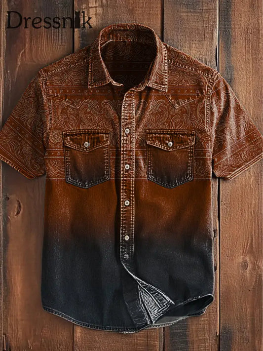 Herren Retro Western Print Lässiges Kurzarm Shirt Braun / S