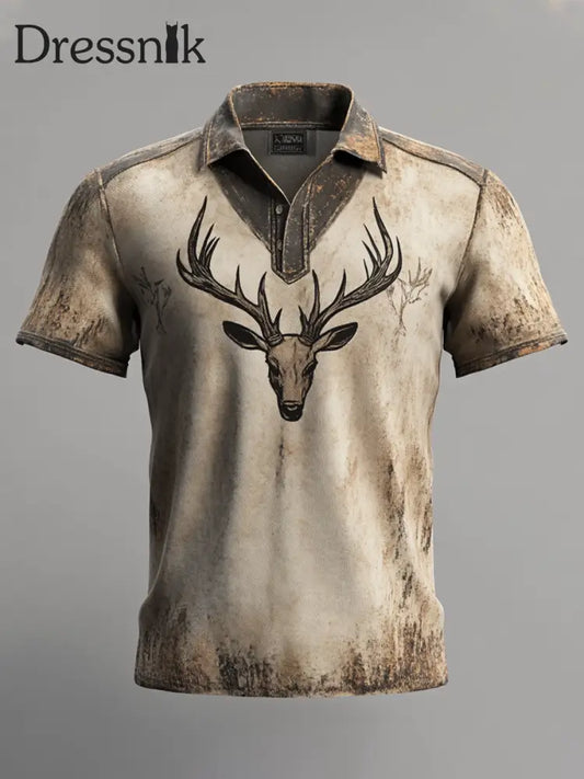 Herren Retro Western Style Elk Art bedruckte Freizeit Tops Khaki / S
