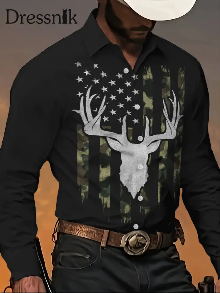 Herren Retro Western Style Elk Art Bedrucktes Hemd Schwarz / S