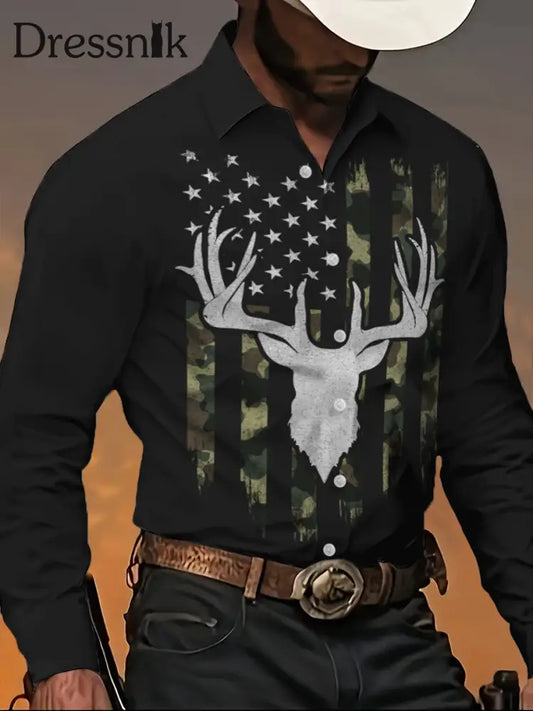 Herren Retro Western Style Elk Art Bedrucktes Hemd Schwarz / S