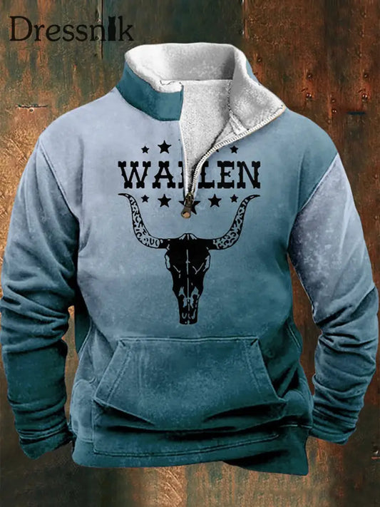 Herren Retro Western Textur Muster Print Henry Casual Outdoor Dickes Sweatshirt A / S