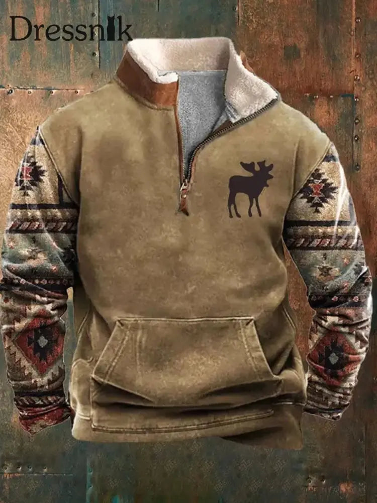 Herren Retro Western Textur Muster Print Henry Casual Outdoor Dickes Sweatshirt A / S