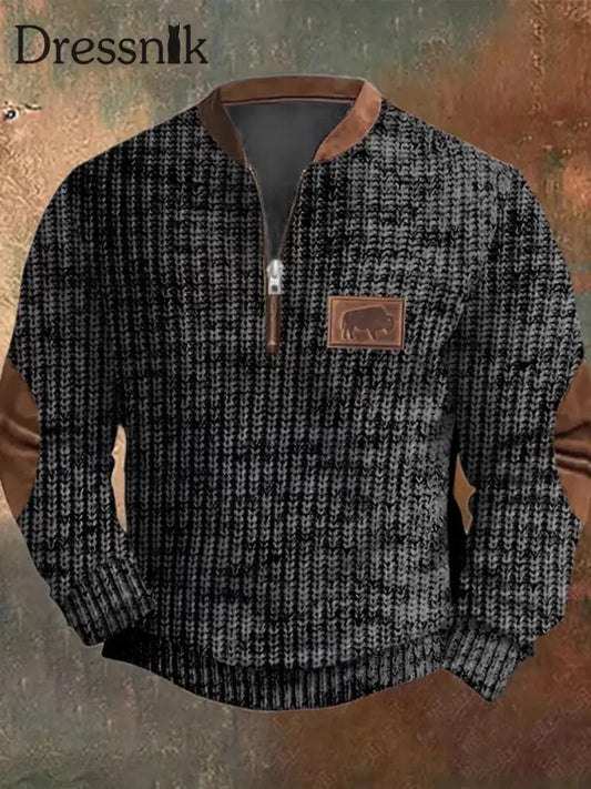 Herren Retro Western Textur Muster Print Henry Casual Outdoor Dickes Sweatshirt A / S