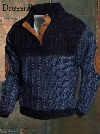Herren Retro Western Textur Muster Print Henry Casual Outdoor Dickes Sweatshirt B / S