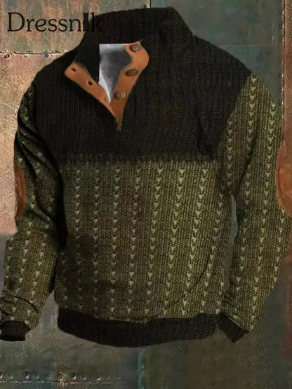 Herren Retro Western Textur Muster Print Henry Casual Outdoor Dickes Sweatshirt D / S